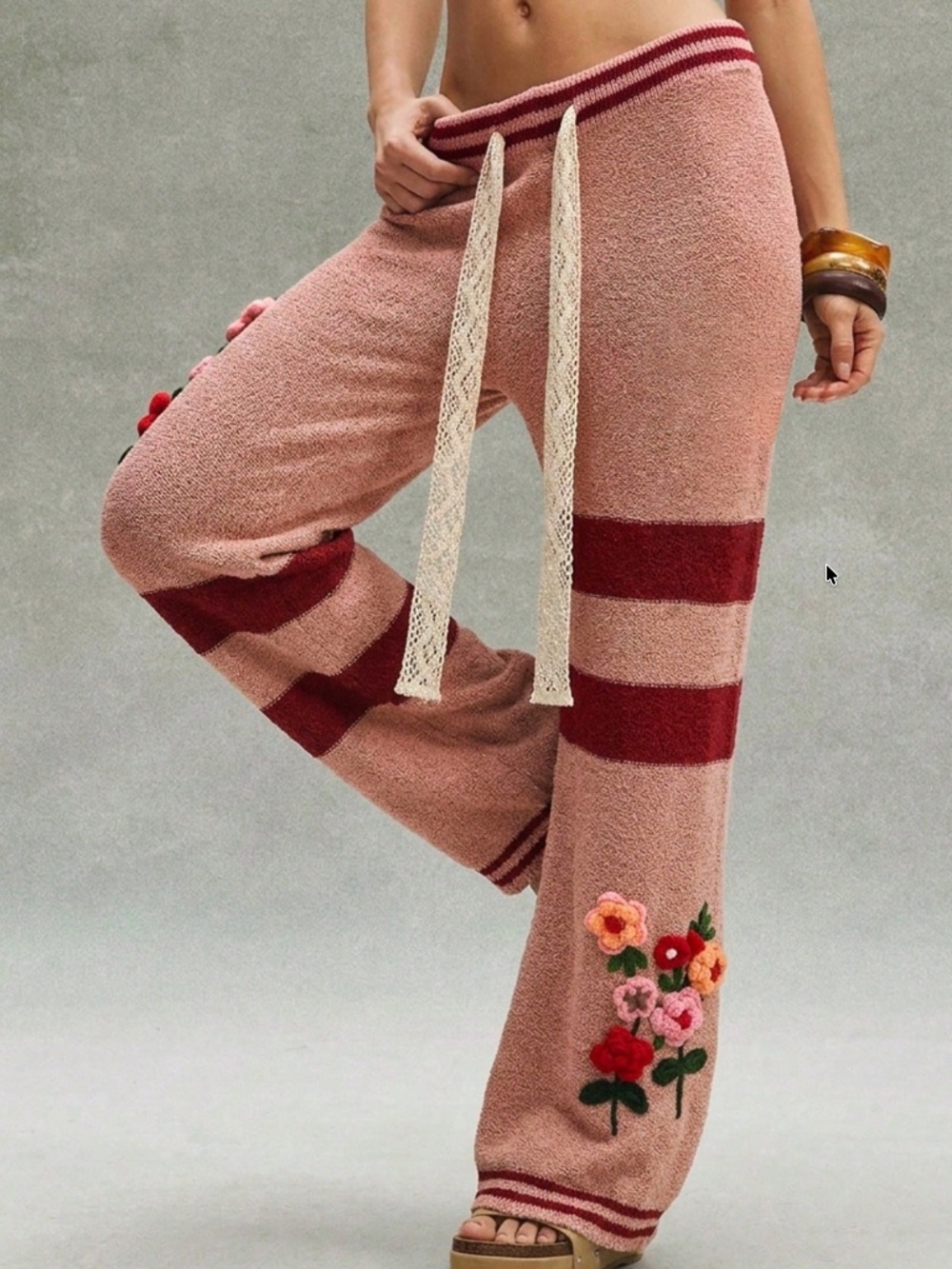 Cozy Floral Crochet Striped Straight leg Drawstring Pants - Picture 1 of 5